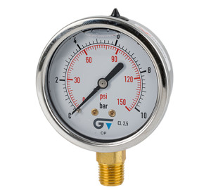 Pressure gauge Ø 63 with glycerine, bottom connection, BSP thread 1/4